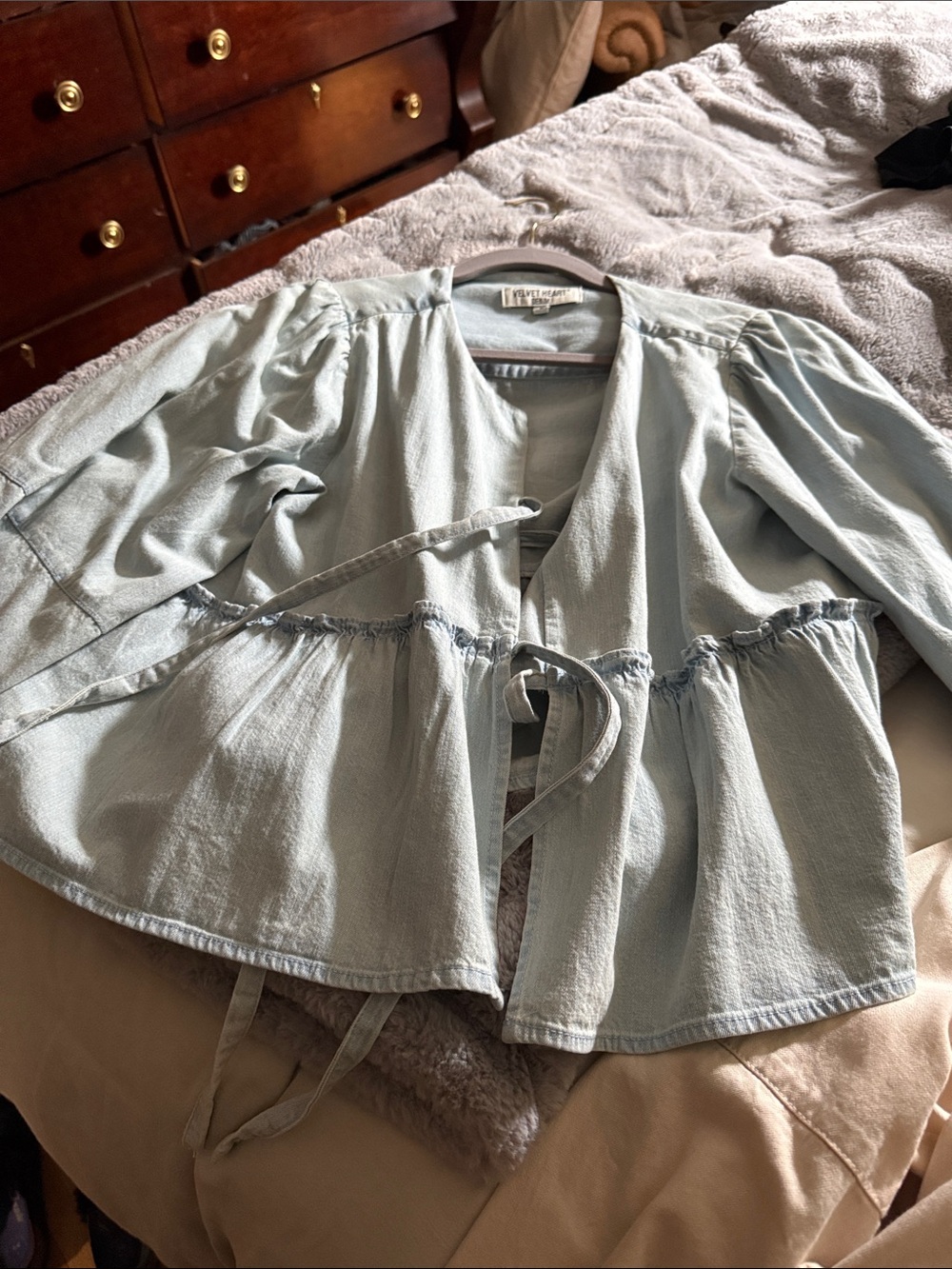 Velvet Heart Light Blue Denim Peplum Tie-Front Jacket